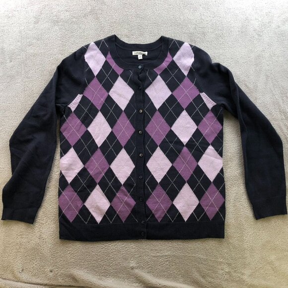 Croft & Barrow Womens Cardigan Sweater Medium Argyle Pattern Crew Neck Casual - Picture 7 of 8